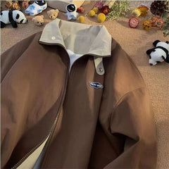 Vintage Brown Letter Jacket American Workwear Preppy Varsity Coat Women's Spring Autumn Hoodless Zipper Bomber Jacket voguable