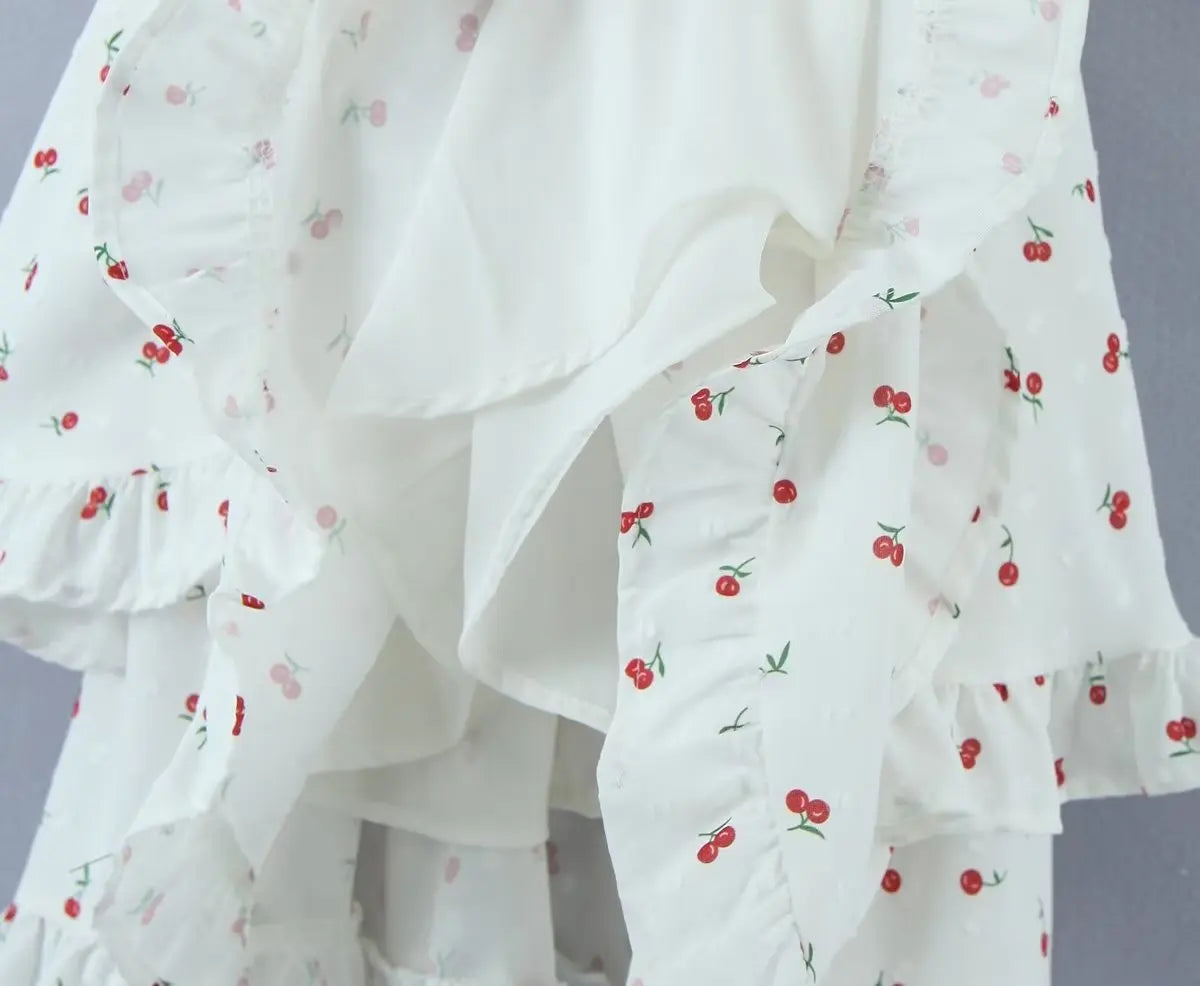 Voguable  Summer Sexy Corset Style Fruit Cherry Print Mini Dress White Retro Women Slim Waist Ruffles Hem Lantern Sleeve Cake Robe voguable