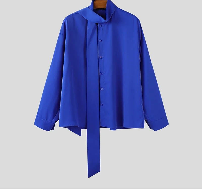 Fashion Men Shirt Solid Color Stand Collar Long Sleeve Male Shirt With Belt Streetwear 2025 Oversize Casual Men Clothing voguable