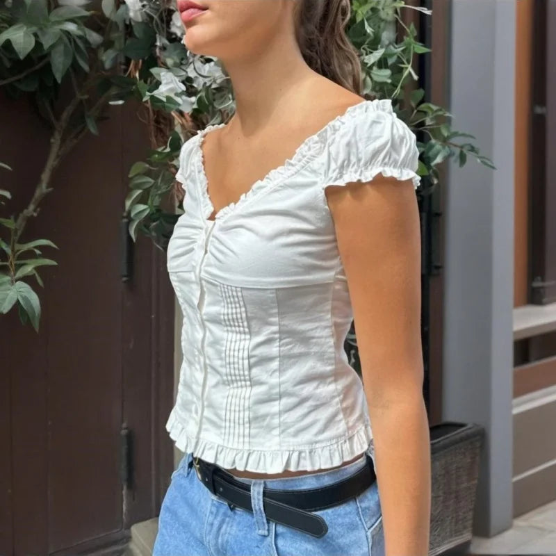 y2k Tank Top Women Summer Clothes Solid Color Cap Sleeve Button Down Slim Fit Frill T Shirt 2000s Vest Streetwear voguable