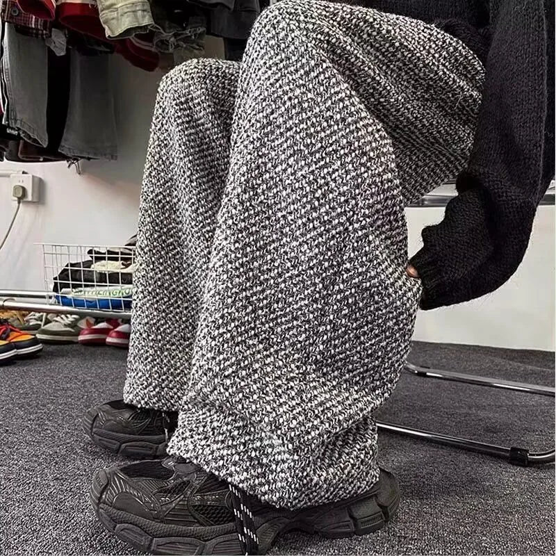 Voguable  Tweed Style Men's Casual Pants Loose Fit American Style Fashion Brand Spring Season Straight Leg Bell Bottoms voguable