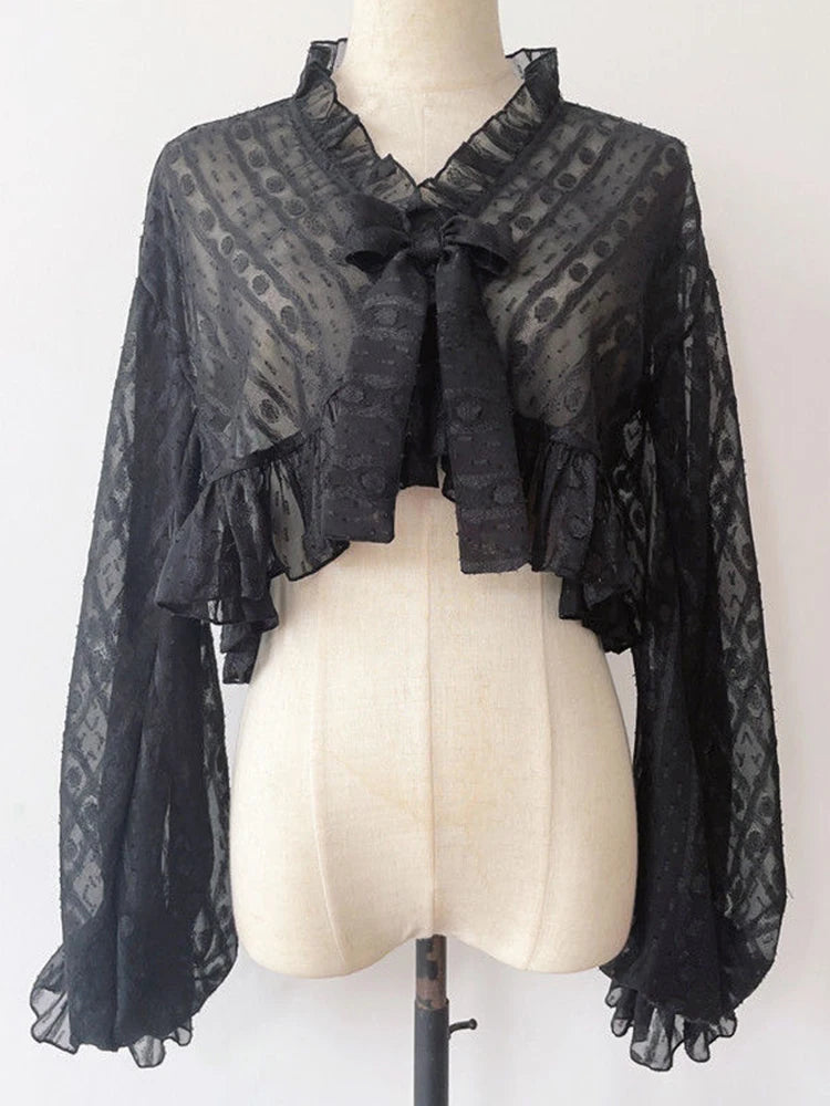 Lolita Sweet Sun Proof Shirt Women Cute Bow Lantern Sleeve Cropped Blouse Japan Kawaii Casual Elegant Jk Open Stitch Tops voguable
