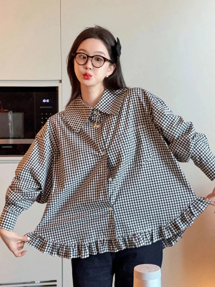 Vintage Black Plaid Shirt Women Loose Sweet Preppy Style Long Sleeve Blouse Fall Casual Retro Cute All Match Female Tops New voguable