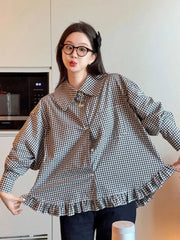 Vintage Black Plaid Shirt Women Loose Sweet Preppy Style Long Sleeve Blouse Fall Casual Retro Cute All Match Female Tops New voguable