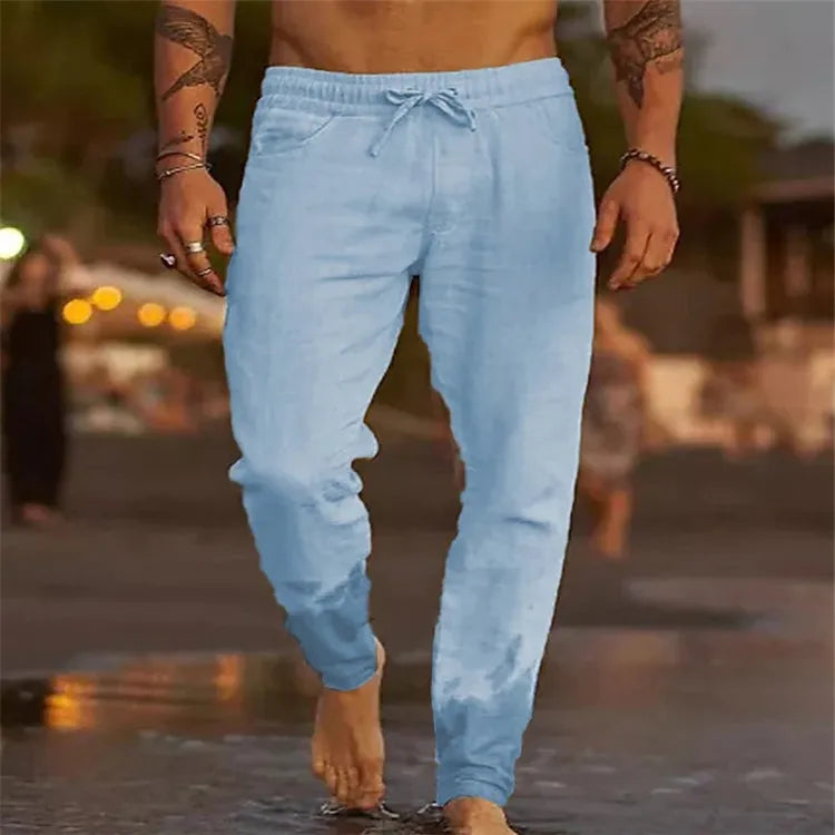 Voguable  European and American Cross-border New Men's Solid Color Drawstring Linen Loose Casual Pants voguable