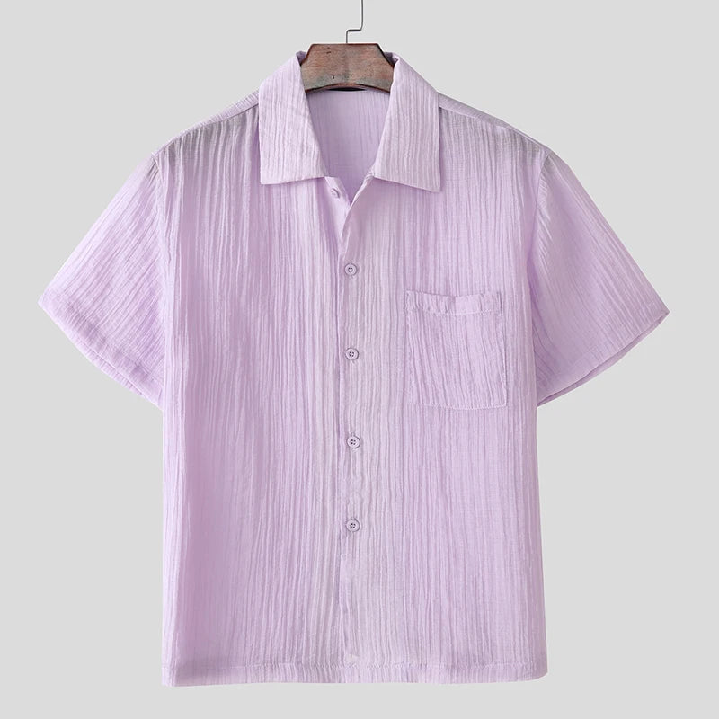 Men Shirt Solid Color Lapel Short Sleeve Summer Pleated Men Clothing Streetwear 2025 Pockets Fashion Male Shirts Tops voguable
