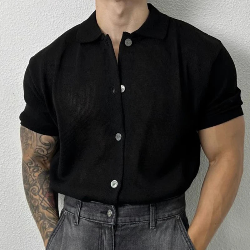 Summer Men's Clothing Light Luxury Knit Polo Shirt Korean Solid Color Short Sleeve Button-down Retro Fashion Leisure Knitwear voguable
