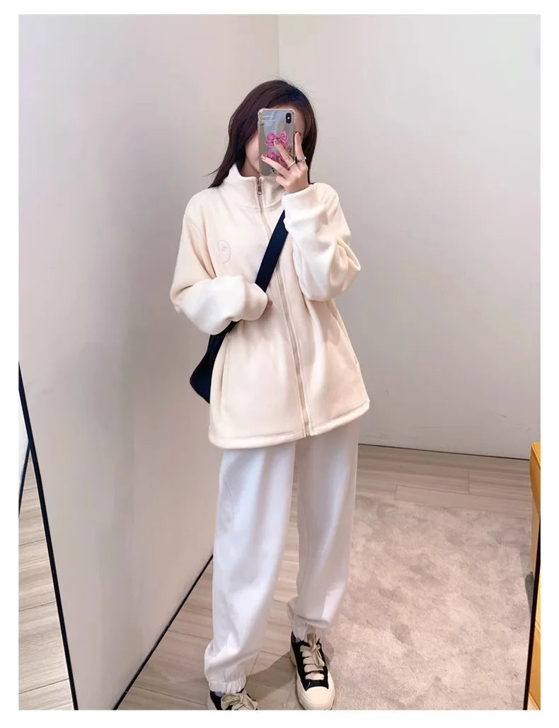 Women Zip Hoodie Thicken Fuzzy Fleece Sweatshirts Lamb Wool Zipper Thickened Oversize White Stand Collar Coats Soft Outerwear voguable
