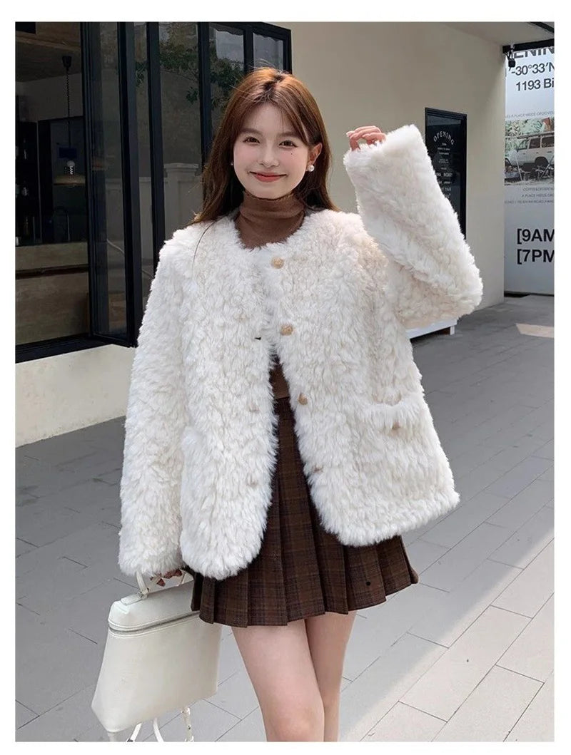 Winter Chic Faux Lamb Coat Women Korean Long Sleeve O Neck Fashion Jacket Sweet Warm Female Elegant All Match Solid Outwear Tops voguable