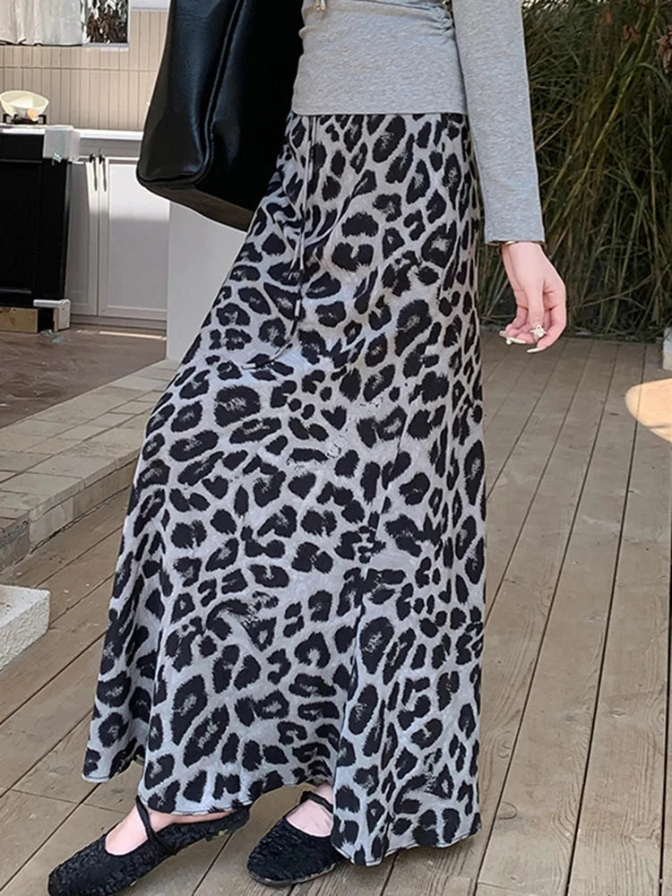 Sexy Slim Leopard Long Skirts Women High Waist Retro Streetwear Y2K Skirt Fall Casual Harajuku American Vintage Long Skirt voguable