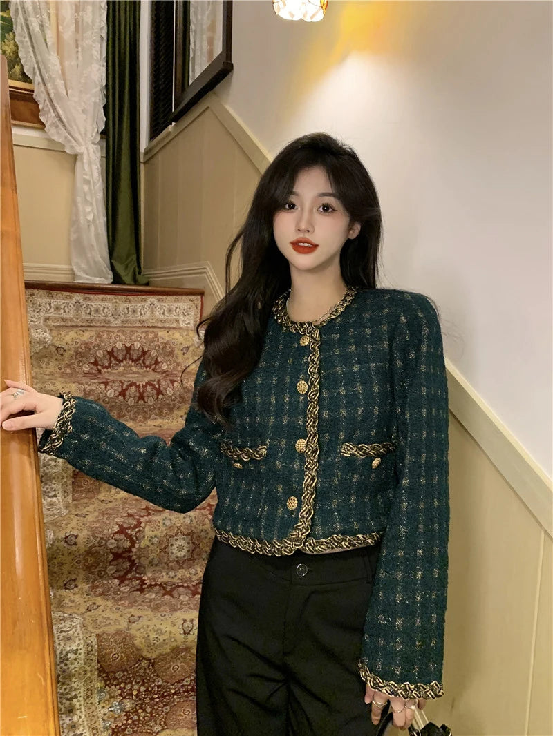 Vintage Cropped Tweed Jacket Women Elegant Blazer Korean Single Breasted Short Coats Autumn Winter Chic Suit Outerwear New voguable