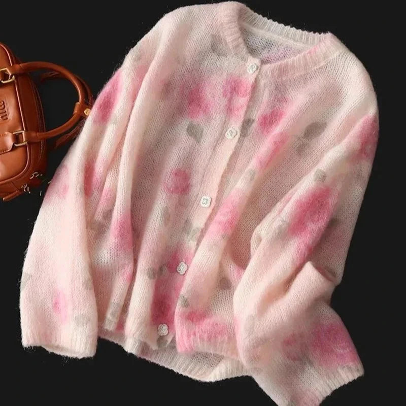 Elegant Floral Sweet Cardigan Sweaters Women Long Sleeve Lazy Wind Vintage Knitted Coats Fall New O Neck Single Breasted Tops voguable