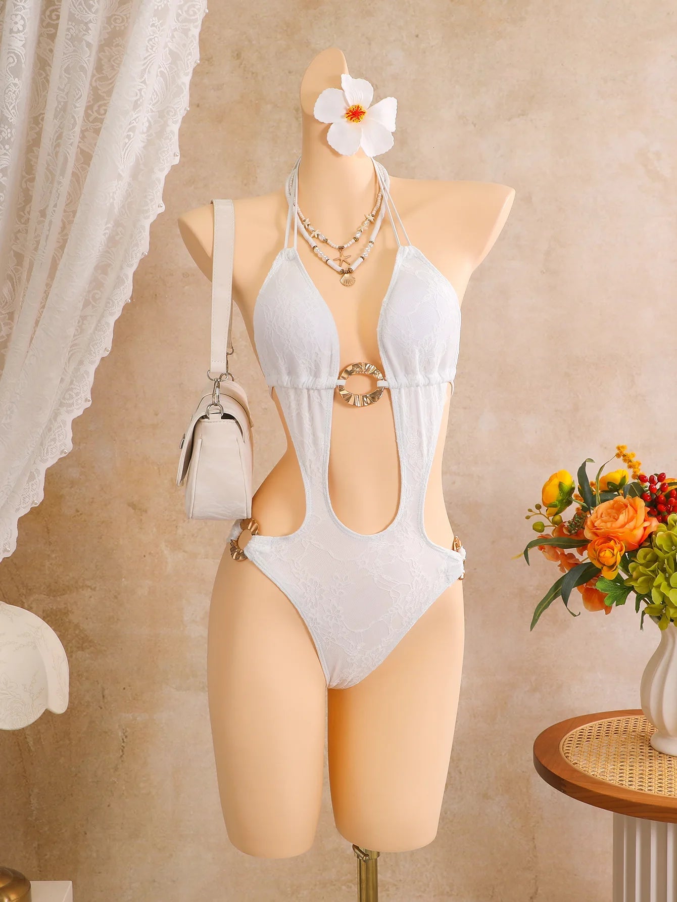 Voguable  Hollow Cutout One Piece Suits Swimsuit Deep V Neck Front Large Metal O Ring Halter Tie Straps Side High Cut Leg Monokini Bikini voguable