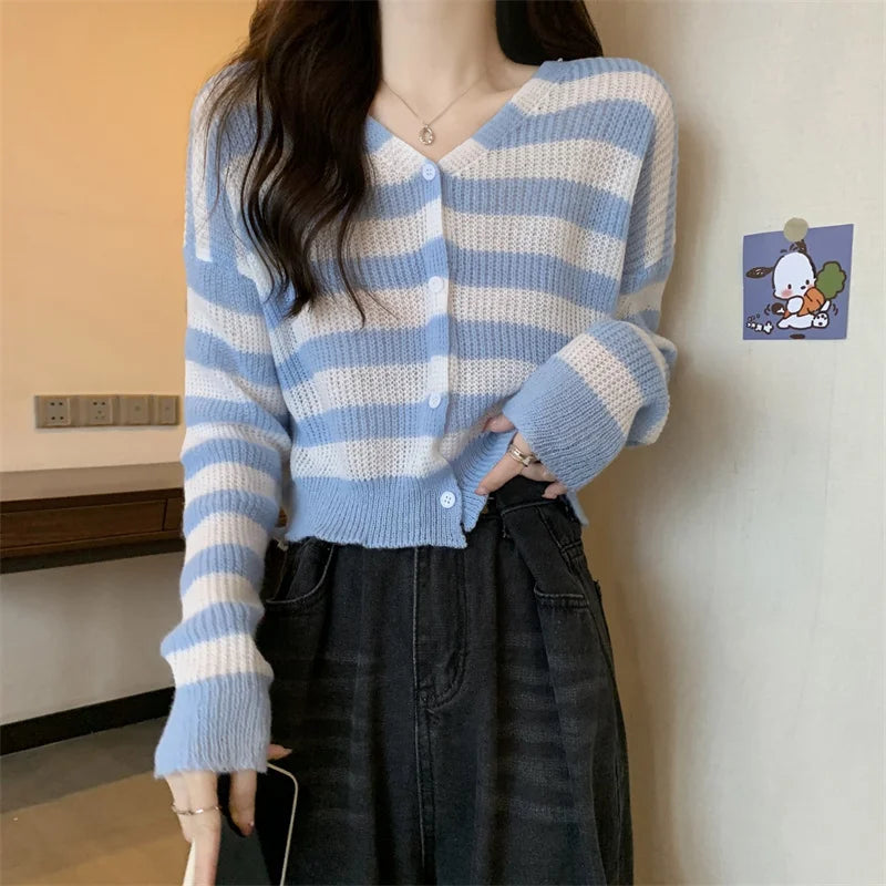 Women Striped Knit Cardigan Button Front Long Sleeve V-neck Crop Sweater Jacket Comfy Knitwear French Chic Autumn Winter Outfit voguable