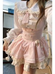 Voguable Kawaii Japanese Style 2 Piece Set Casual Blouse + Sweet Pink Y2k Mini Skirt Lace Lolita Fashion Suit Woman Design 2024 New voguable