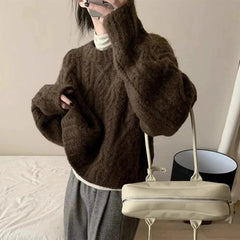 Voguable  Autumn and Winter O Neck Loose Retro Korean Women's Pullover Sweater Lazy Style Casual Versatile Thick Long Sleeve Knitted Tops voguable