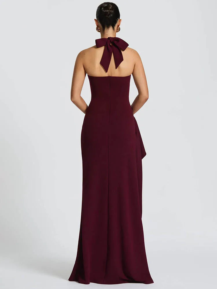 Halter Backless Sexy Maxi Dress Women Fashion Lace-up Sleeveless High Waist Thigh High Split Bodycon Evening Club Dress voguable