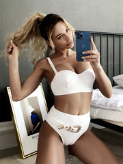 Voguable Sexy Rhinestone Belt High Waist Bikinis Set Women Solid White Black Push Up Underwire Swimsuit Buckle Bathing Suit Swimwear voguable