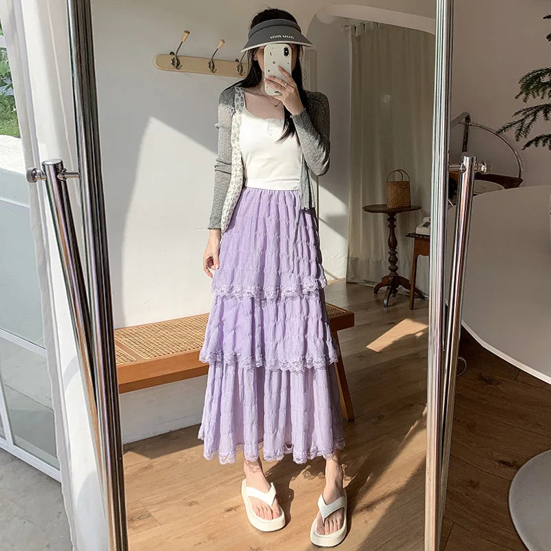 Voguable  Sweet Lace Ruffles Long Skirt Women Summer Cute Puff Cake A Line Skirt Woman Korean Style High Waist White Chiffon Tulle Skirt voguable