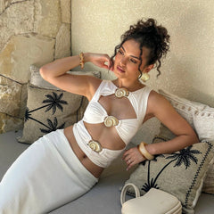 2Pieces Hollow Swimsuit With Long Skirt Women Sexy Swimwear Female Bikini Shiny Button Swim Suit White Bodysuit Beachwear Outfit voguable