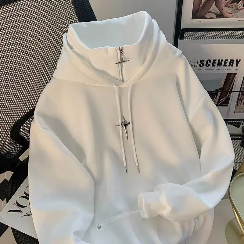 Voguable  Autumn Winter High Neck Hoodie Men Casual Trendy Sporty Japanese Retro Cool Teenage Fashionable Jacket Loose Fit Hooded voguable