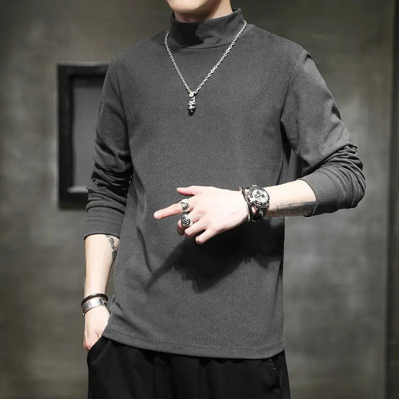 Autumn Winter New Fashion Half High Collar Long Sleeve Pullovers Men's Clothing Solid Color Casual Bottoming Shirt Korean Tops