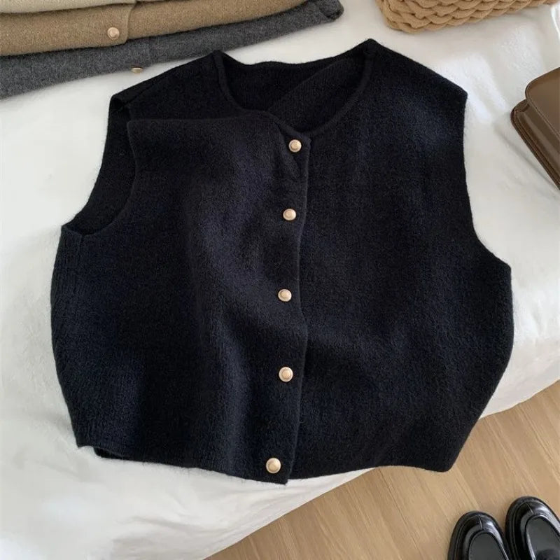 Crew Neck Women's Korean Solid Button Short Sleeve Cardigan Coats Sweater Knitted Sleeveless Ladies Elegant Tanks Bottoming voguable