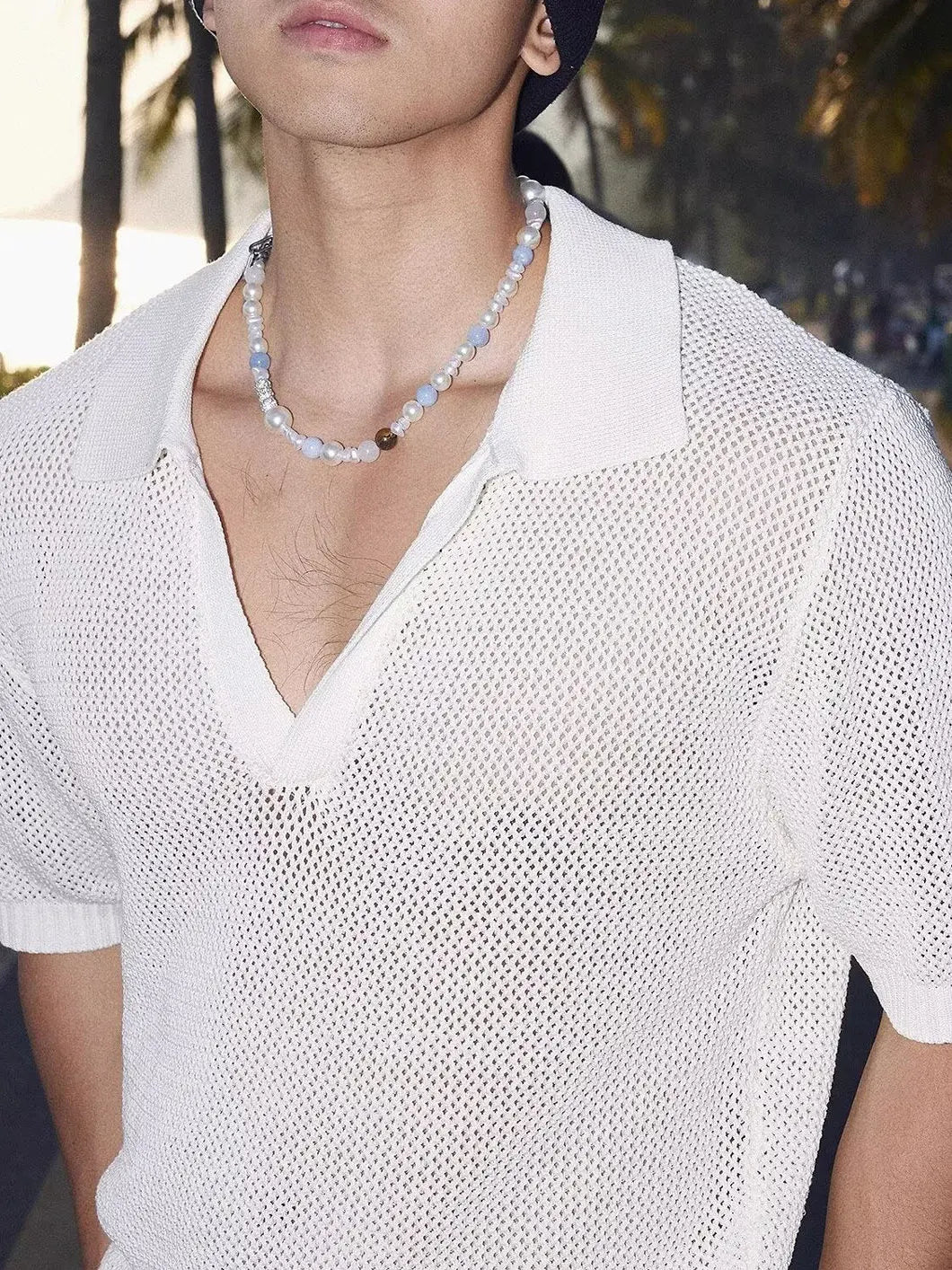 Voguable  Mesh Knitted Short Sleeve  Shirt with Large V-Neck for Men Breathable See-through Design Summer Fashion T-shirt for Teens voguable
