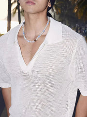 Voguable  Mesh Knitted Short Sleeve  Shirt with Large V-Neck for Men Breathable See-through Design Summer Fashion T-shirt for Teens voguable