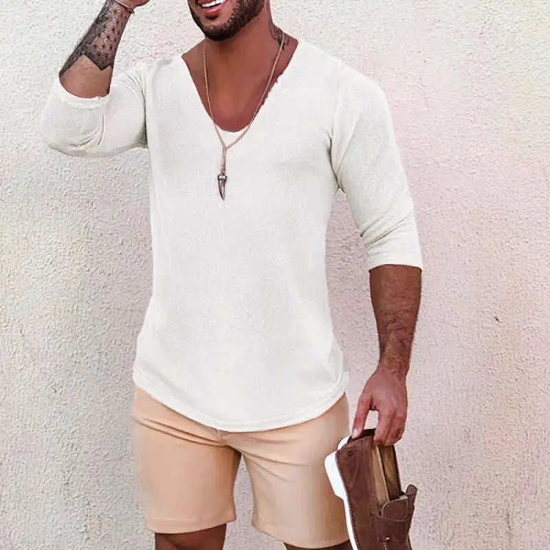 Voguable  Lightweight Breathable Loose Long Sve U-Ne Hollow out Knitted T-irt for Men Made of Linen Ice Silk Trendy Summer Top voguable