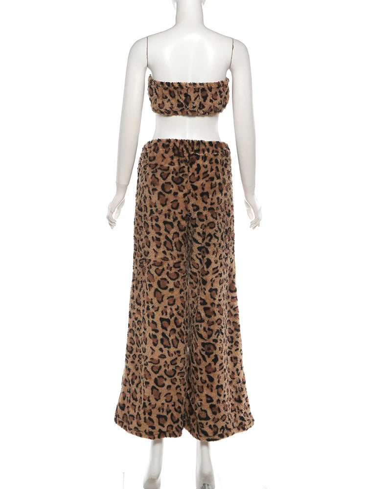 Voguable  Furry Leopard Print 2-Piece Set Women Punk Style Hottie Sleeveless Crop Vest+Wide Pants Trend Matching Street Suits voguable