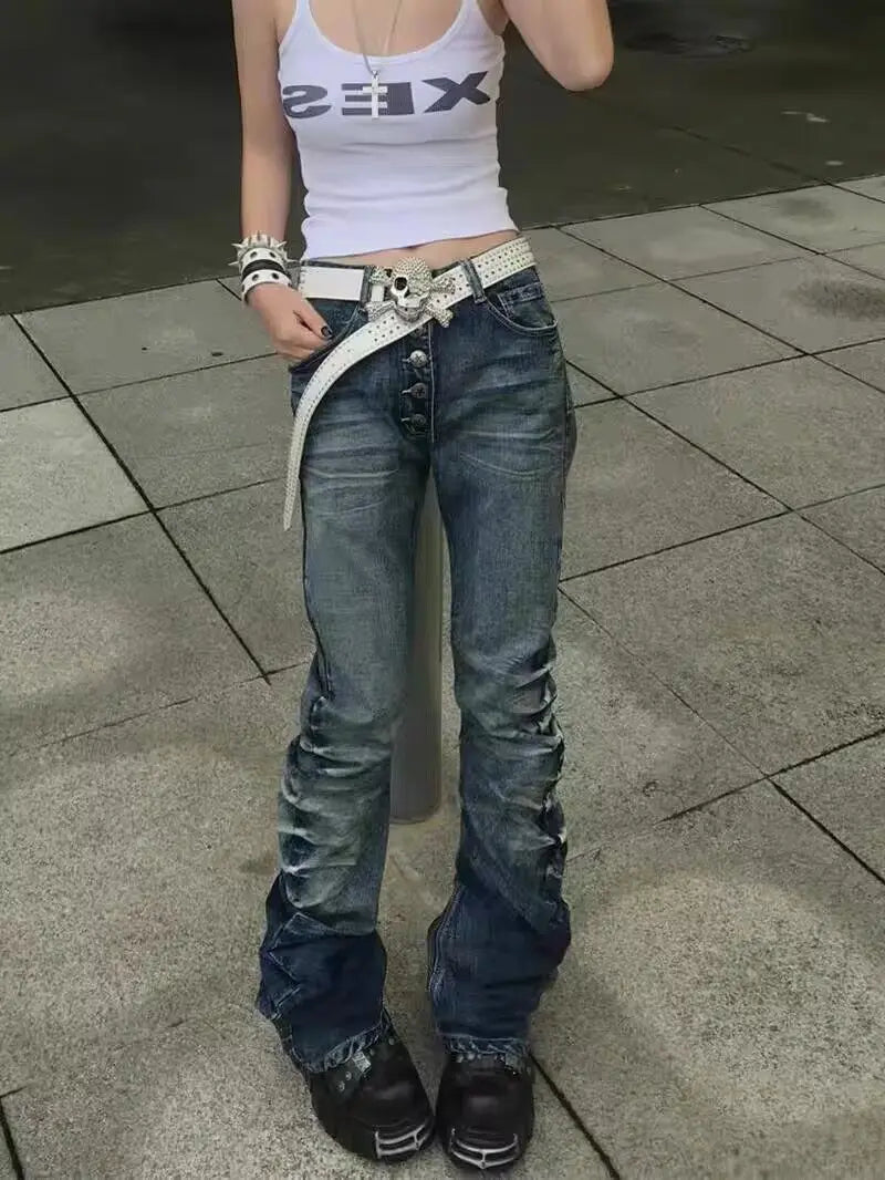 Voguable  American Retro Vintage Denim Pants Mid Rise Multi Button Front Ruched Leg Slim Bootcut Y2K Daily Streetwear Bottoms Streetwear voguable