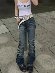 Voguable  American Retro Vintage Denim Pants Mid Rise Multi Button Front Ruched Leg Slim Bootcut Y2K Daily Streetwear Bottoms Streetwear voguable