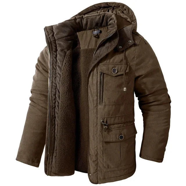 Lamb Warm Men's Parkas Jacket Hooded Winter Men's Clothing Fleece Hooded Cotton Thickened Multi Pocket Casual Mid Length Coat voguable