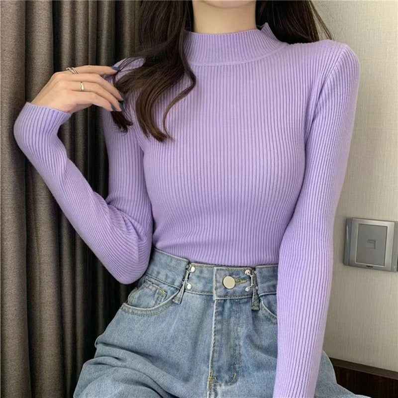 Elegant Solid Basic Knitted Tops Women Turtlneck Sweater Long Sleeve Casual Slim Pullover Korean Fashion Simple Chic Clothes voguable
