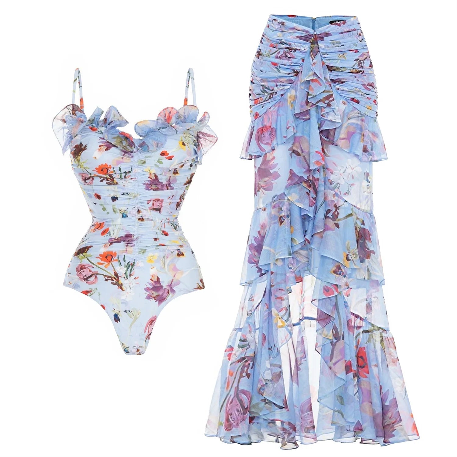 New 2Pcs Ruffle Swimsuit Women Sexy Bikini Strappy Swimwear Floral Bikini Push Up Biquini Female Bathingsuit Slimming Beachwear voguable