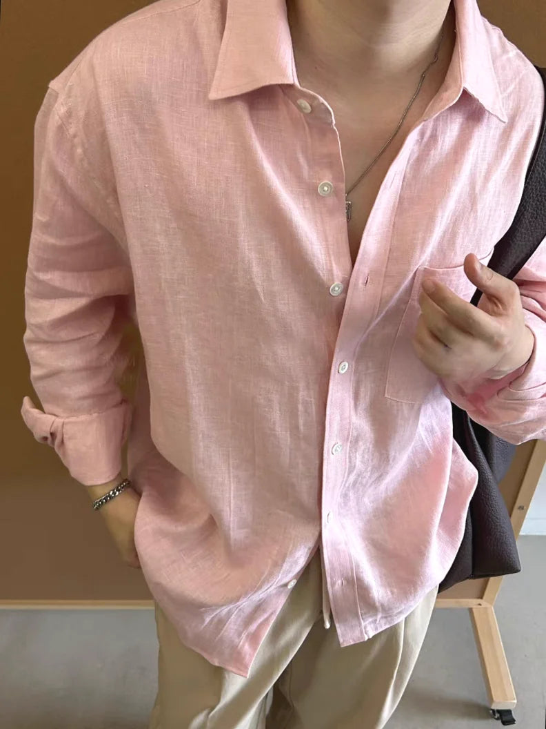 Voguable  Casual Cotton Long Sleeve Pink Shirt for Men Vintage Loose Fit Workwear Shirt Breathable Youthful Style Four Seasons Universal voguable