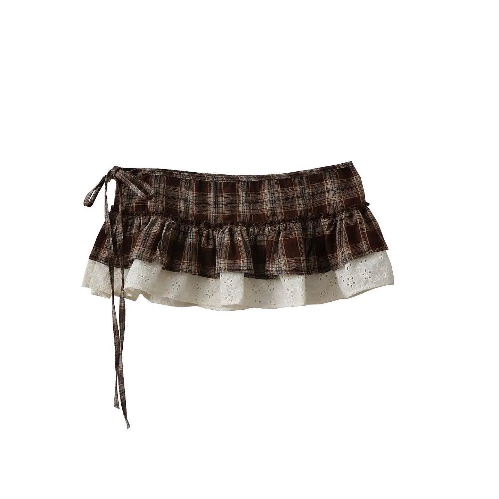 Voguable  American Vintage Plaid Embroidery Skirt Lace Patchwork Ruffles One-piece Fart Curtain Casual Slim Short French New Skirts voguable