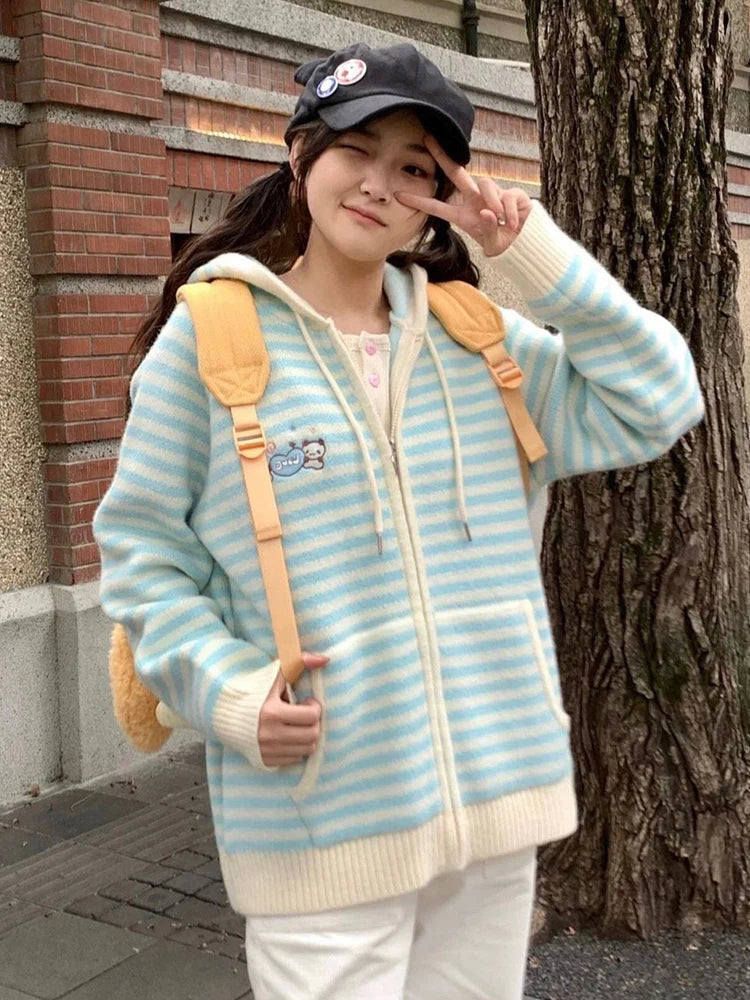 Pink Striped Sweet Cardigan Women Cute Cartoon Long Sleeve Knitted Sweaters Vintage Kawaii Preppy Style Japan Pockets Tops Coats voguable