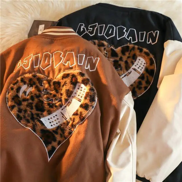 Love Embroidered Jacket Women Clothing Street Vintage Leopard Print Flocking Coat Women Jacket Loose Jackets for Women Clothes