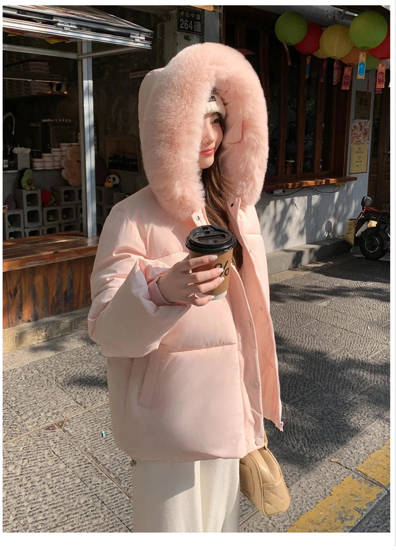 Preppy Style Sweet Parkas Women Cute Long Sleeve Vintage Faux Fox Hooded Cotton Coat Korean Winter Thick Warm New Outwear voguable