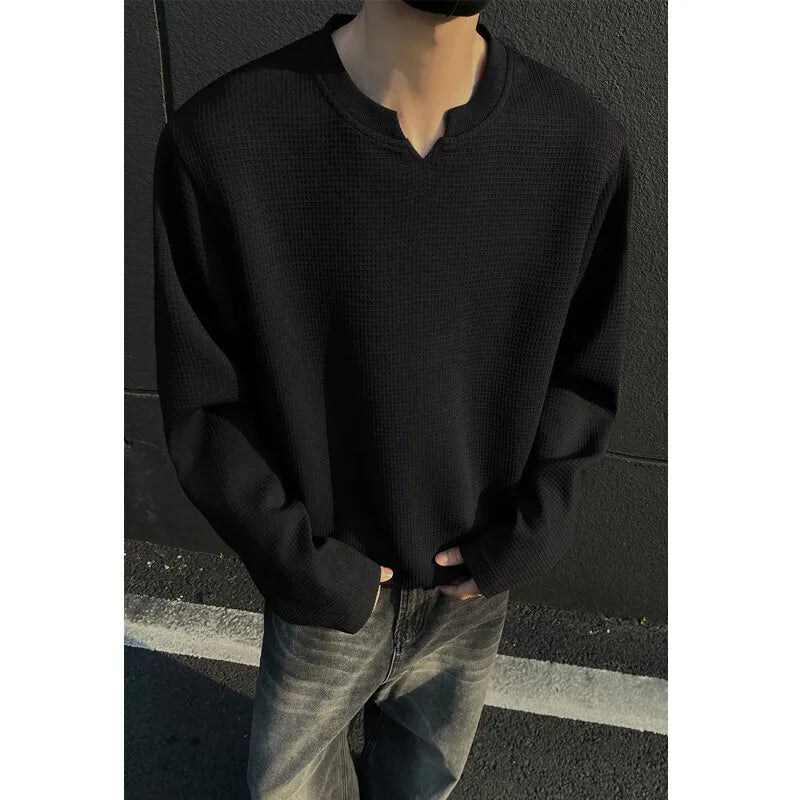 Spring Long Sleeved T-shirt Men Oversized Fashion White V-neck T Shirt Men Streetwear Korean Loose Pullover T Shirt Mens Top voguable