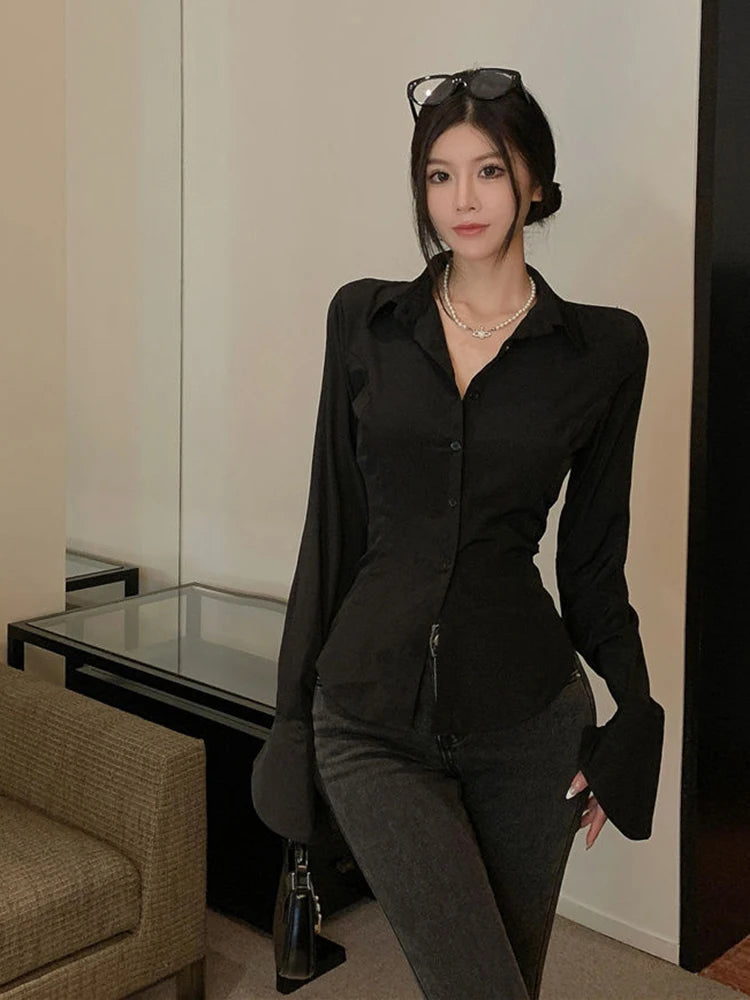Voguable  Sexy Bandage Shirt Women Chic Slim Elegant Blouse Sweet Long Sleeve All Match Casual Korean Turn Down Collar White Tops voguable