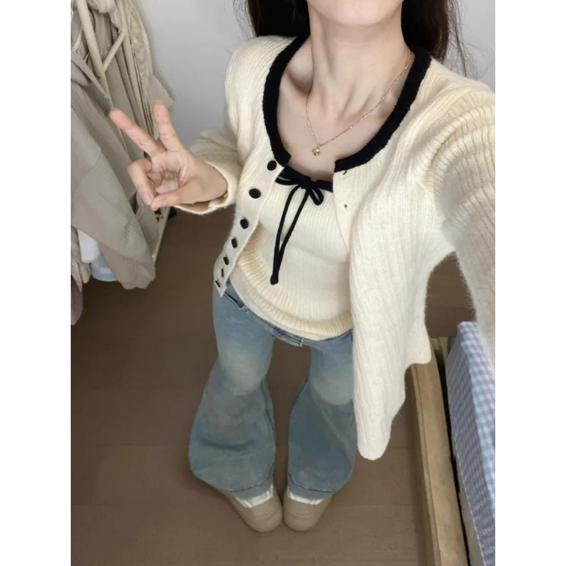 Voguable  Korean Knitted Cardigan with Suspenders Women's Autumn New Sweater Jacket Outer Top voguable
