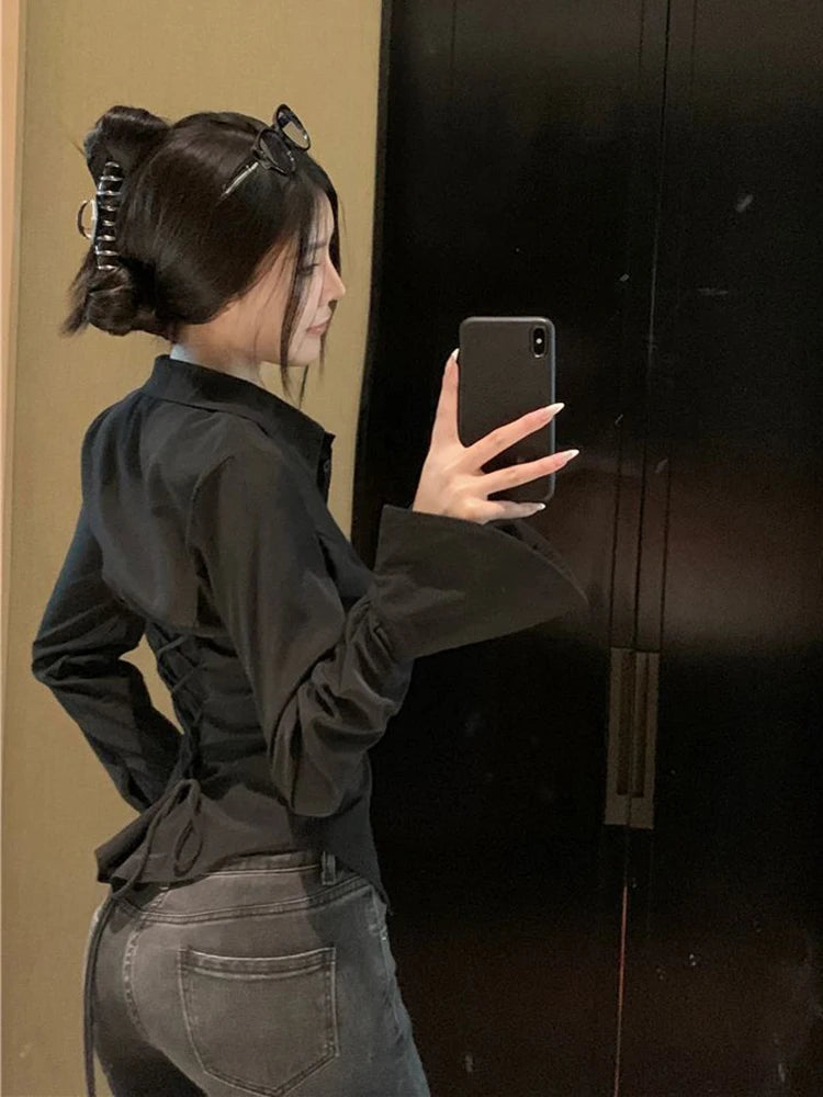 Voguable  Sexy Bandage Shirt Women Chic Slim Elegant Blouse Sweet Long Sleeve All Match Casual Korean Turn Down Collar White Tops voguable