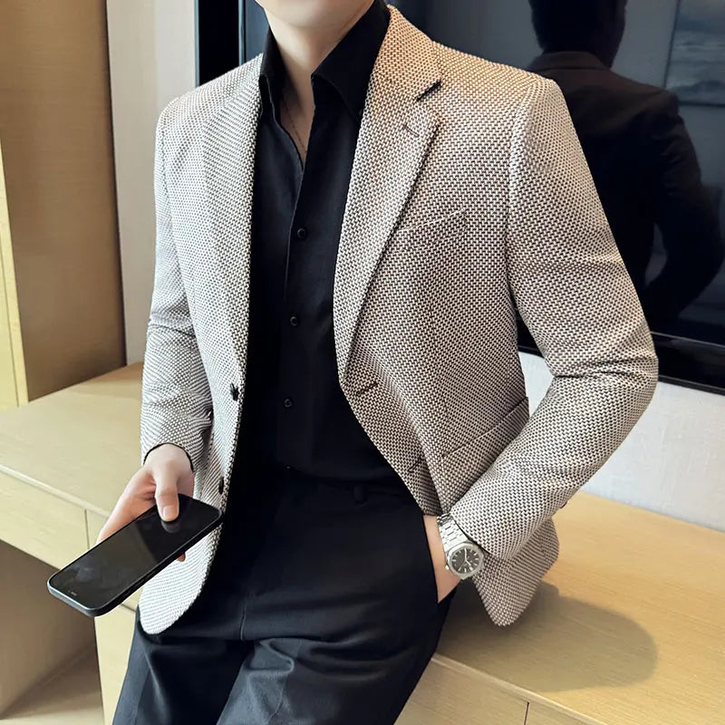 Voguable  Men's Casual Checkered Suit Jacket High-quality Korean Luxury Business Slim Fit Blazer Wedding Groom Tailcoat Suit Size 4XL-M voguable