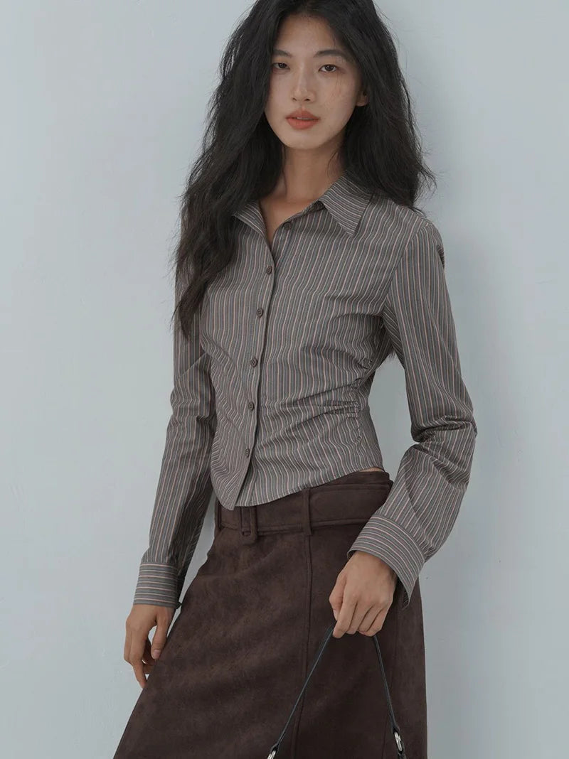 American Retro Slim Striped Shirt Fall Long Sleeve Harajuku Y2K Blouse Casual Vintage Female Streetwear Gothic Hip Hop New Tops voguable