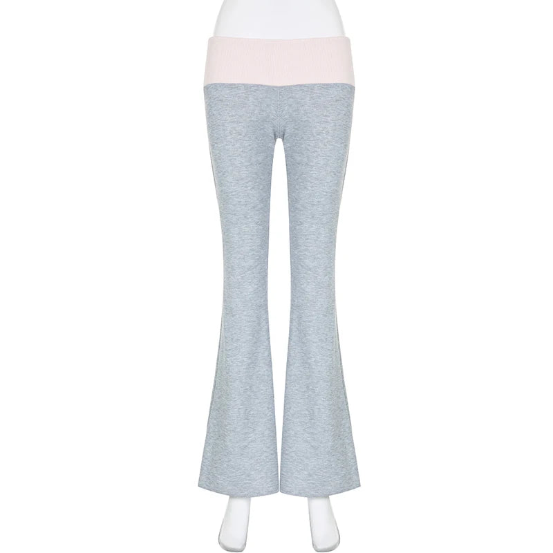 Voguable  Casual Contrast Color Patchwork Flare Pants Grey High Waist Slim-fitting Boot Cut Leggings Joggers Sweatpants Women voguable