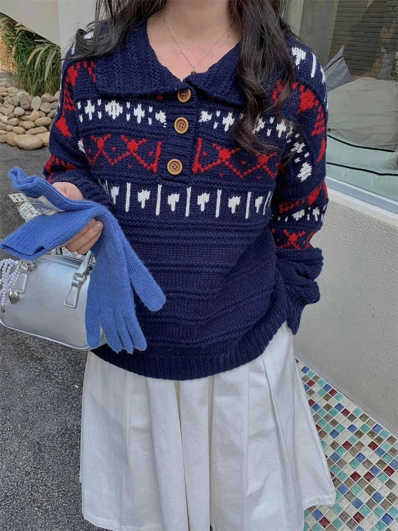 Retro Women Print Sweater Casual Korean Lazy Wind Sweet Knitted Jumpers Fall Winter Lady Long Sleeve Vintage Soft Pullover voguable