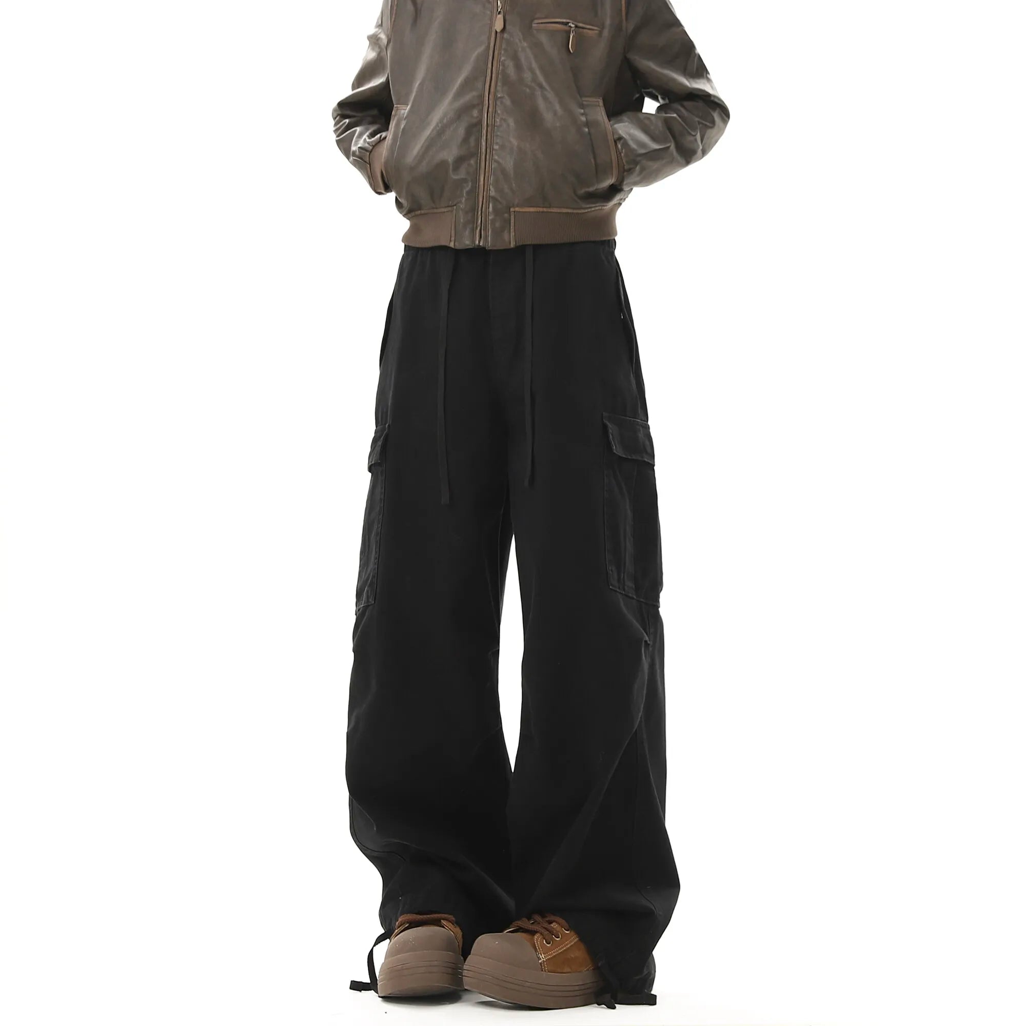 Multi-pockets Cargo Pants Men Women Hip-hop Wide-leg Mopping Trousers Vintage Loose Casual Spring Couple Unisex Drawstring Pants